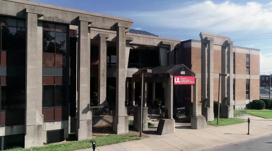 Still image from a drone video of the exterior of the School of Public Health & Information Sciences